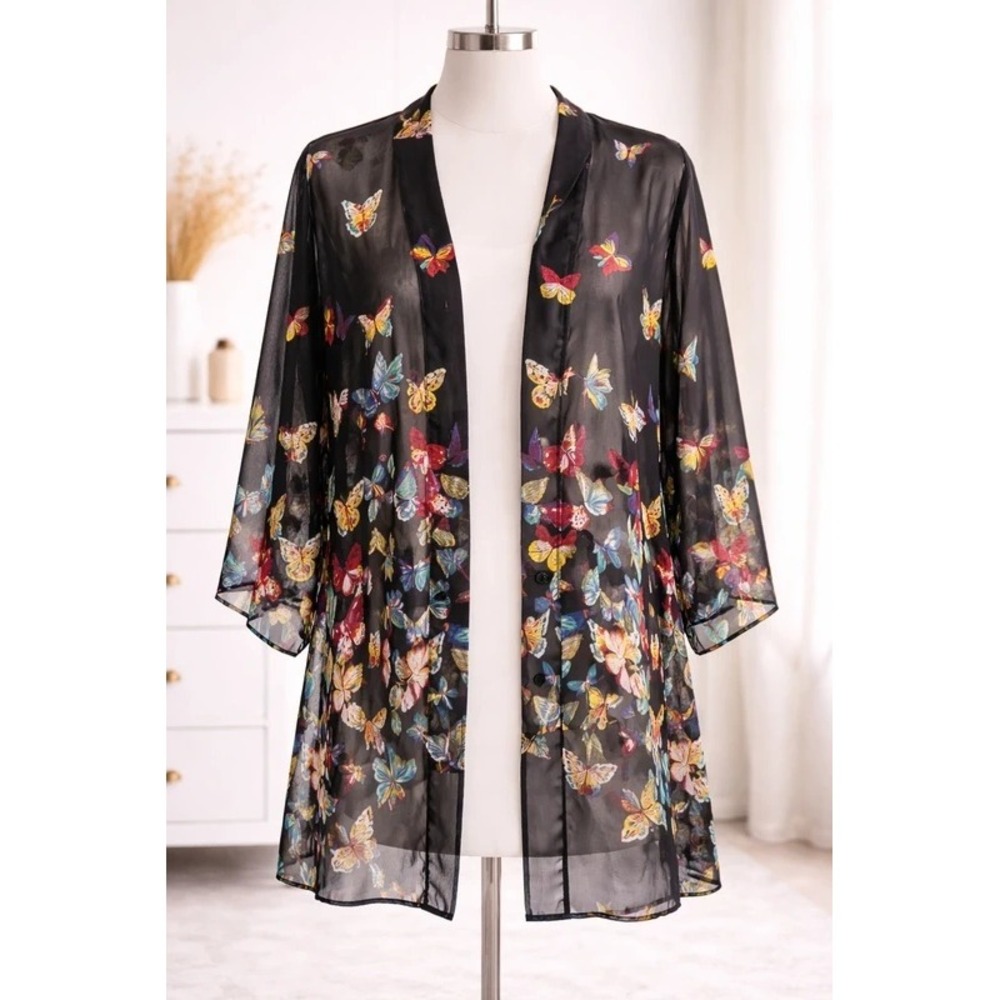 Black Sheer Butterfly Kimono Beach Cover-Up or Layering Piece One Size Flowy